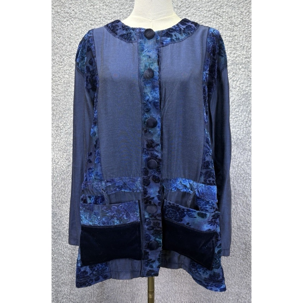 Vtg 90s Gantos Womens L Blue Velvet Floral Patchwork Cardigan Lagenlook USA